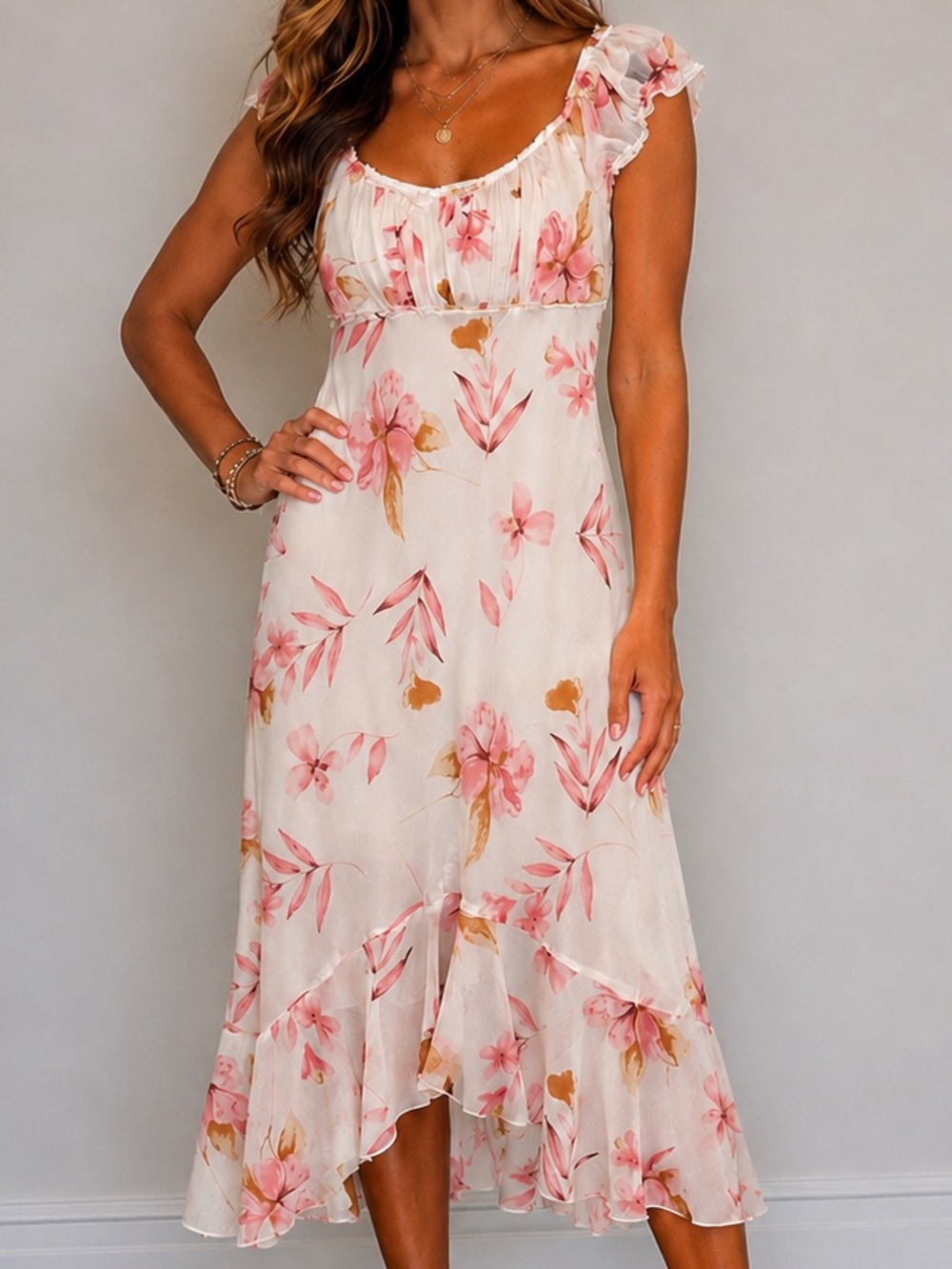 Speechless Cream Midi Dress with Pink Floral Print